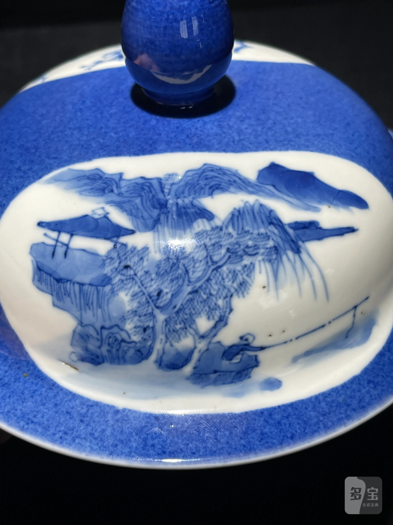 清晚期 洒蓝开光青花山水纹盖罐 - 图16
